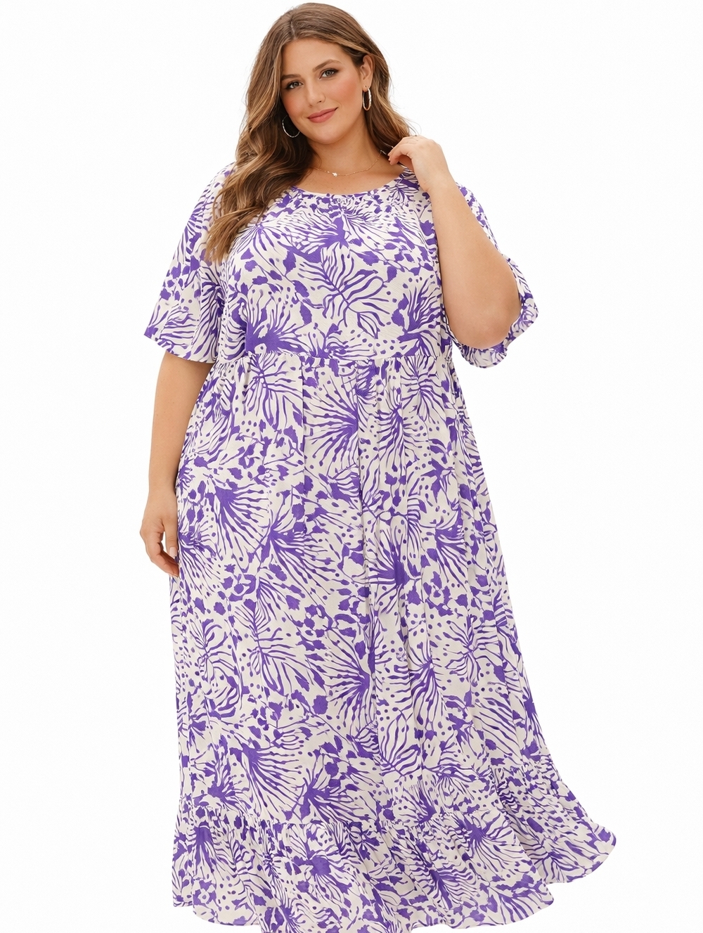 Ulla Popken Maxi Tropical Floral Lightweight Dress 20/22 Mumu Style Purple Flowy